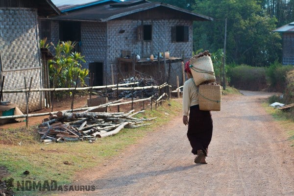 Lady Walking Carrying Trekking From Kalaw To Inle Lake Myanmar Burma