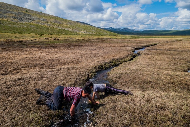 Boys Fishing Tsaatan People Dukha Reindeer Herders Mongolia