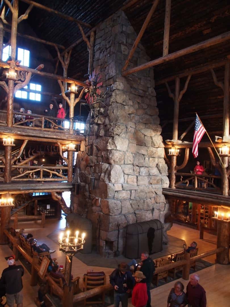 The Massive Stone Fireplace At Old Faithful Inn At Yellowstone National Park, Wyoming