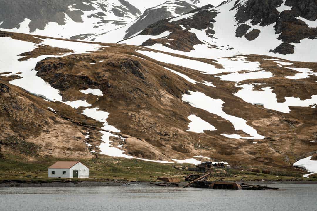 Shack Against Mountains Grytviken South Georgia