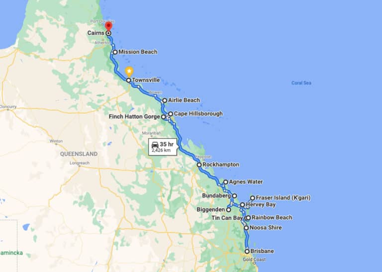 Brisbane To Cairns Road Trip Itinerary Map 768x547 