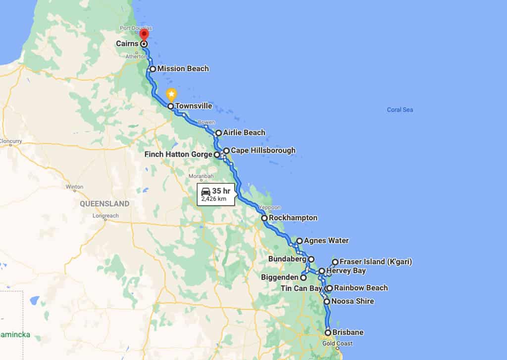 Brisbane To Cairns Drive Itinerary Map