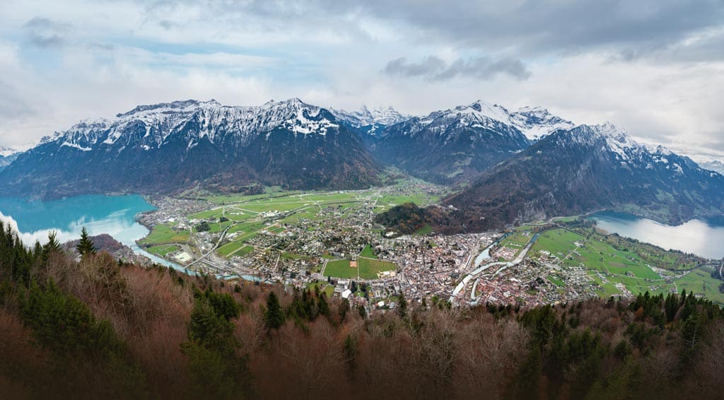 A Panoramic Aerial View Of Interlaken And Unterseen, Between Lakes Thun And Brienz With The Bernese Alps Mountains In The Background - Interlaken, Switzerland