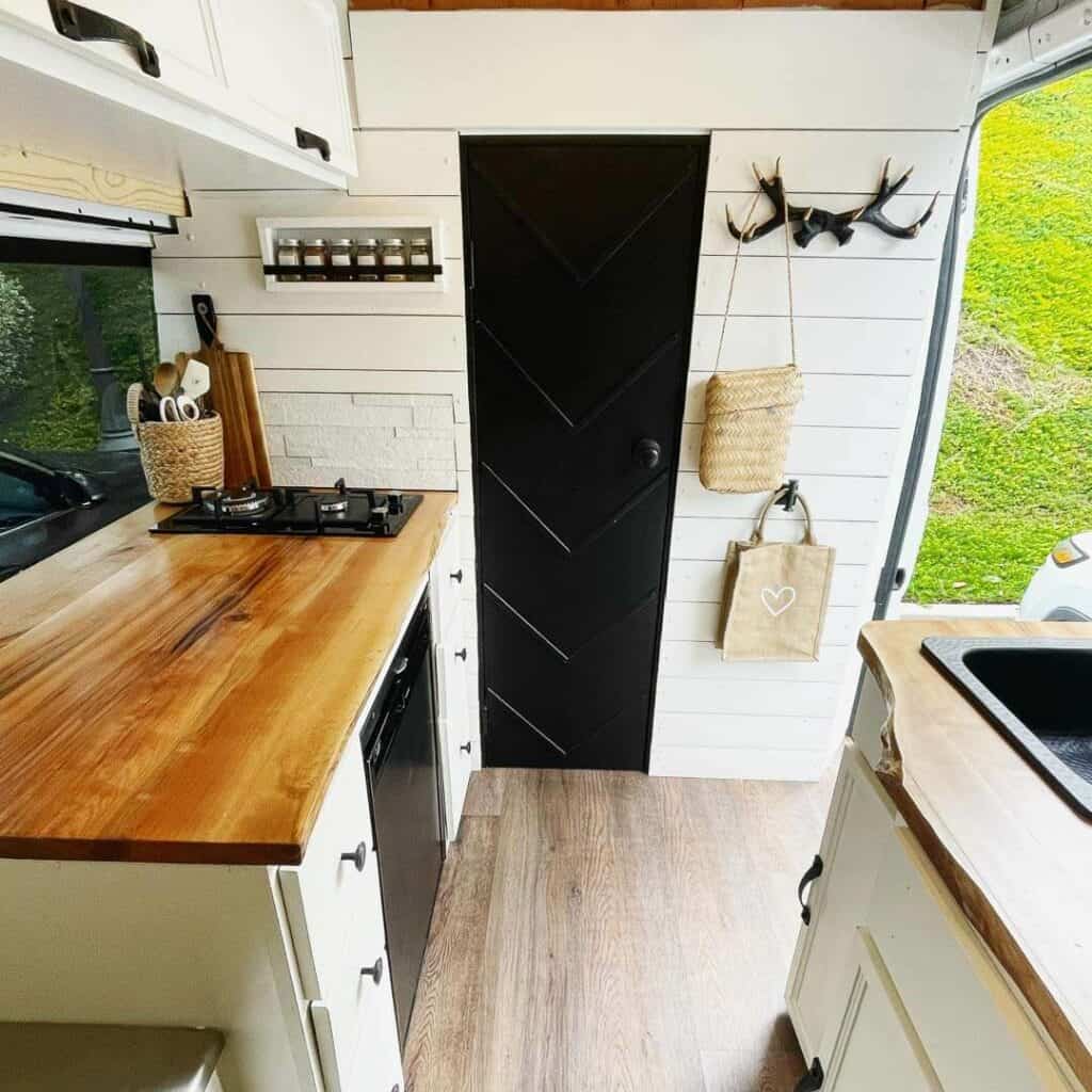 Campervan Kitchen Split With Counter On One Side And Sink On The Other Side