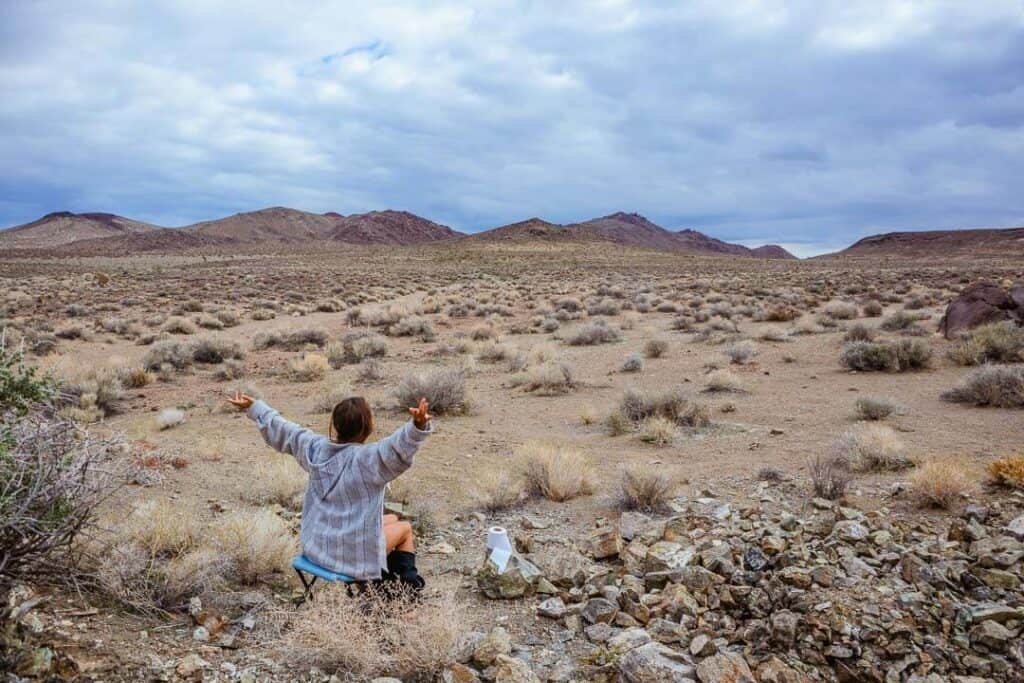 Woman Using A Portable Toilet In Nature