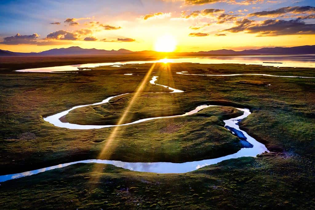 Son Kul River Sunset Drone